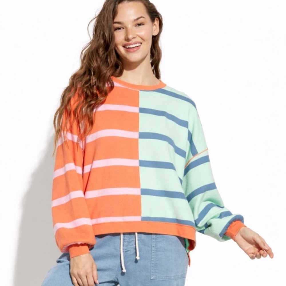 Altar’d State Pastel Striped Oversized Crew Neck Sweater Size M